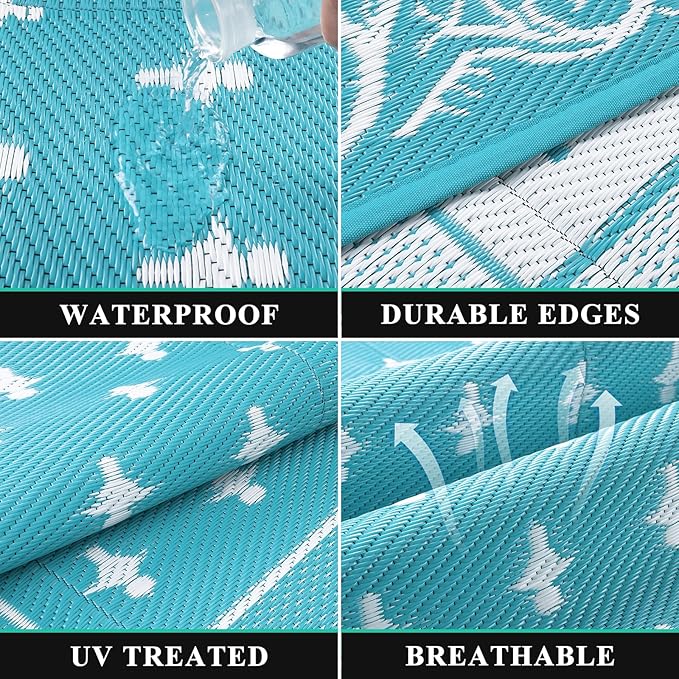 Pauwer Waterproof Outdoor Rug 6x9, Reversible Plastic Straw Patio Camping Rug, Indoor Outdoor RV Mat Carpet for Deck, Camper, Porch, Balcony, Backyard, Picnic, Bordered Teal