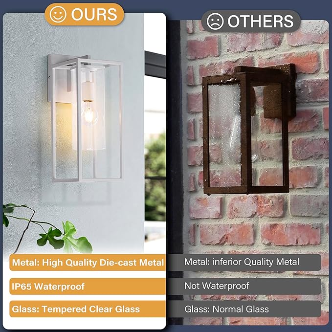 15.7 Inch Outdoor Wall Lights, White Outdoor Wall Lantern with Square Clear Glass Shade, Waterproof Exterior Lighting Fixtures, Modern Front Porch Lighting for House, Garage, E26 Base, ETL Listed