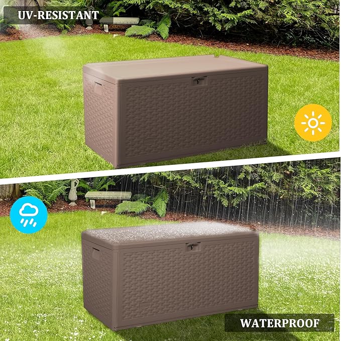 73 Gallon Pro Waterproof Outdoor Storage Pro Resin Deck Box Bin for Patio, Poolside, and Garden, Lockable & UV-Resistant, Ideal for Small Spaces, Brown