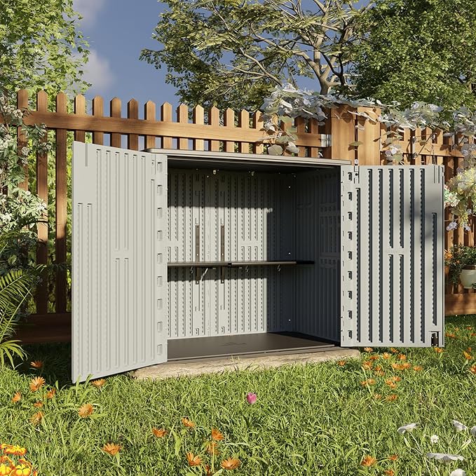 HOMSPARK 37 Cu.Ft Outdoor Storage Shed Weather Resistant, Resin Storage Sheds & Outdoor Storage Box for Backyard Garden Patio Lawn, Multi functional | Double-wall Shed with Lockable Doors,(Light Gray)
