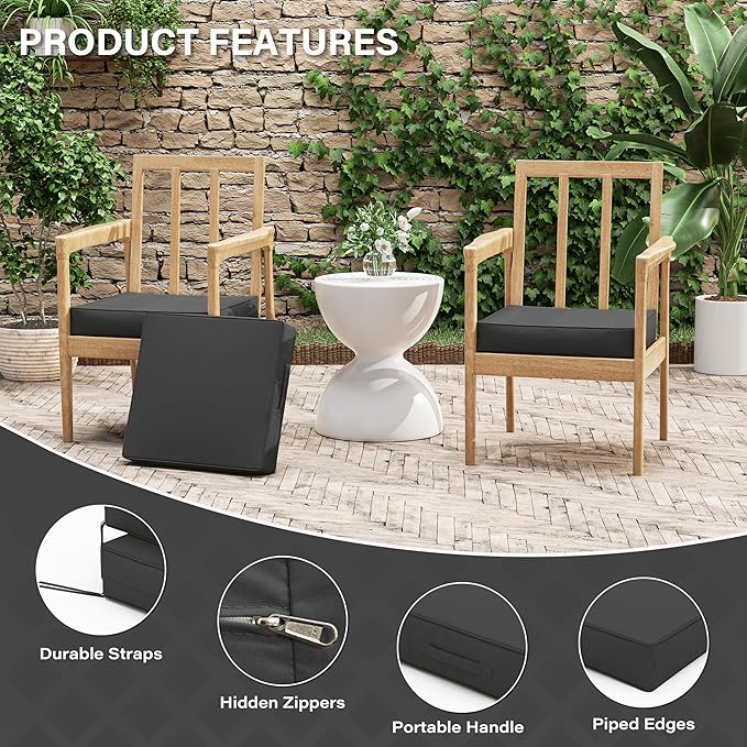 Patio Chair Cushions 17 X 16 X 3 Inch Waterproof Outdoor Seat Cushions for Patio Furniture, Outdoor Sofa Couch Pads with Ties & Handle, Set of 2, Grey