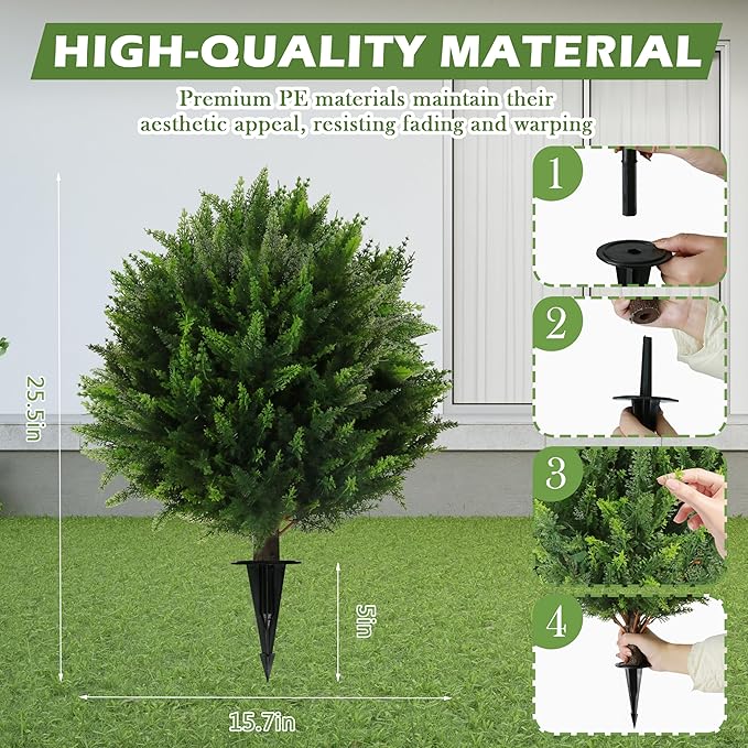 Sunnyglade Set of 2 Artificial Cedar Topiary Ball Trees, Faux Cedar Shrub Bushes with Ground Spike 25.5", UV Resistant Fake Cedar Plants for Indoor, Garden, Yard, Porch, Patio Decor (Green)