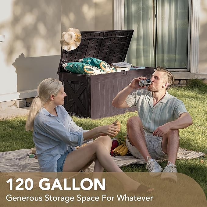 Devoko 120 Gallon Deck Box Resin Outdoor Storage Box Waterproof for Patio, Large Outdoor Storage Bench Lockable for Outside (Deep Brown)