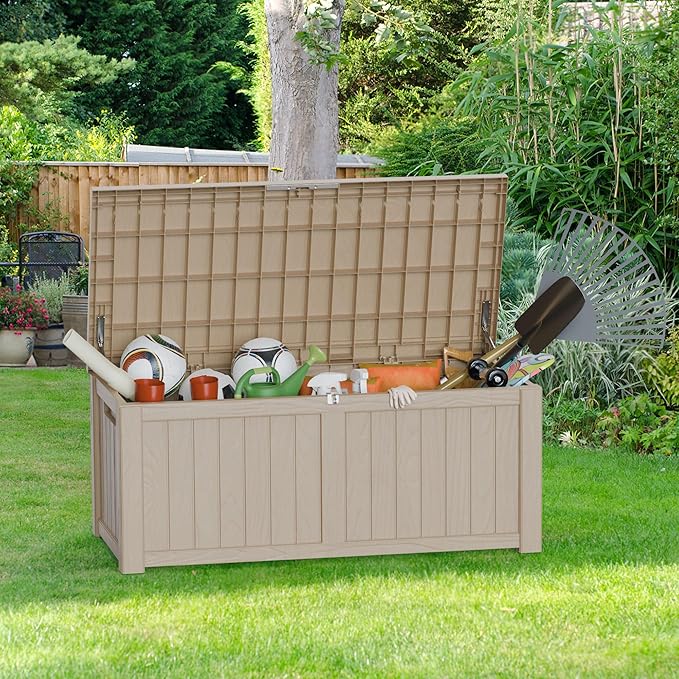 120 Gallon Outdoor Storage Box – Waterproof Deck Box for Patio & Garden,Light Brown