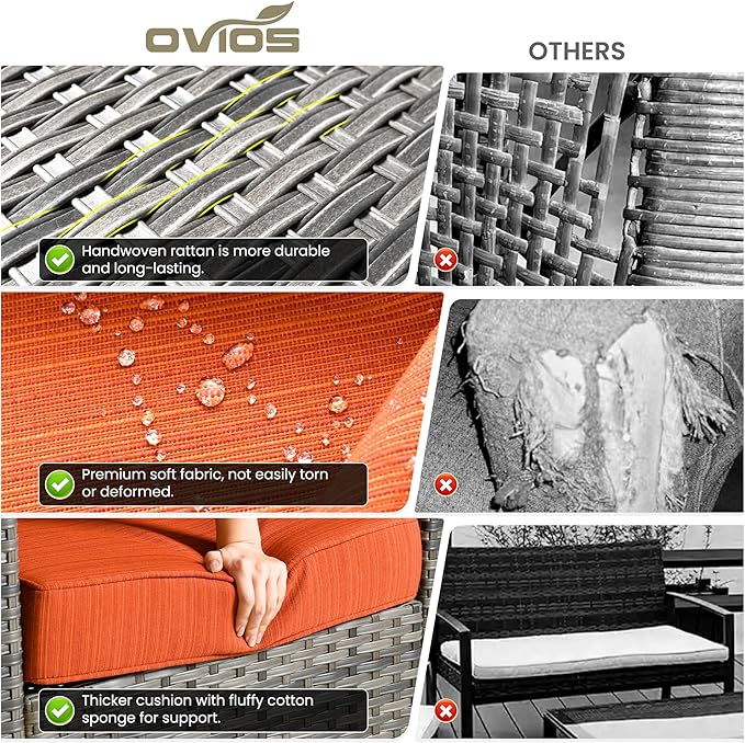 ovios 6 Pieces Patio Furniture Set with 54" Fire Pit Table, Outdoor Wicker Sofa with Comfy Cushions, All Weather High Back Rattan Couch Conversation Set, Orange Red
