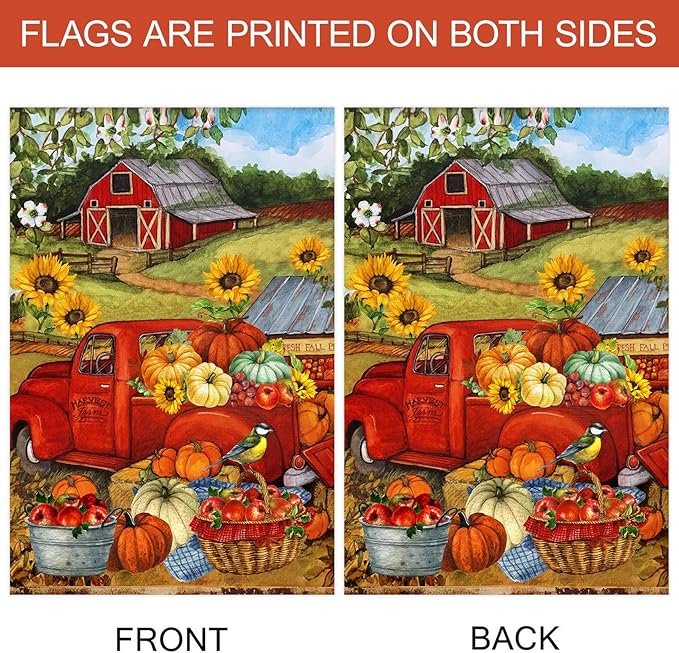 Morigins Autumn Harvest Farm Truck Fall Pumpkin Garden Decorations Double Sided FarmHouse Outdoor Garden Flag 12.5 x 18 Inch