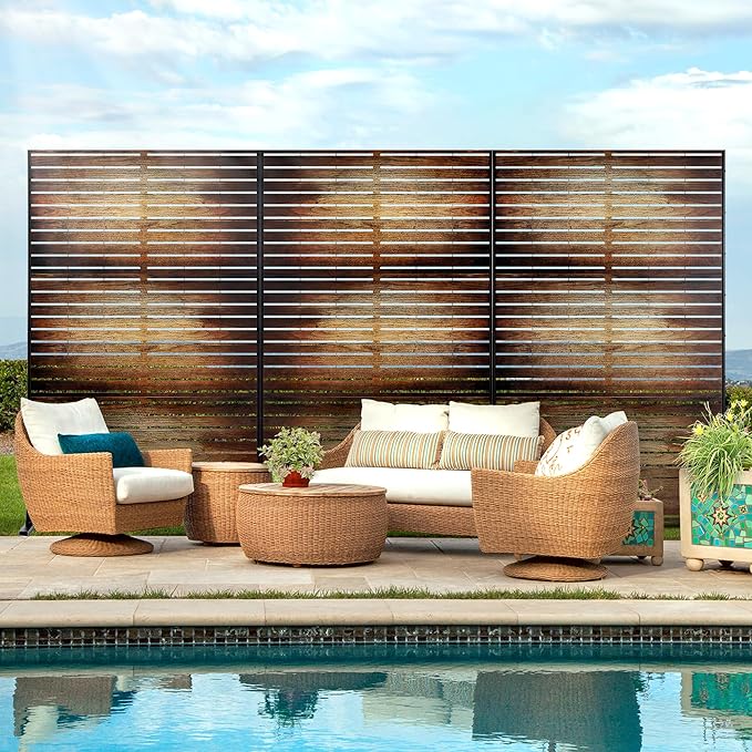 FENCY Metal Outdoor Privacy Screen 72" H×47" W Vintage Wood Color Patio Privacy Screen, Freestanding Decorative for Deck Balcony Patio