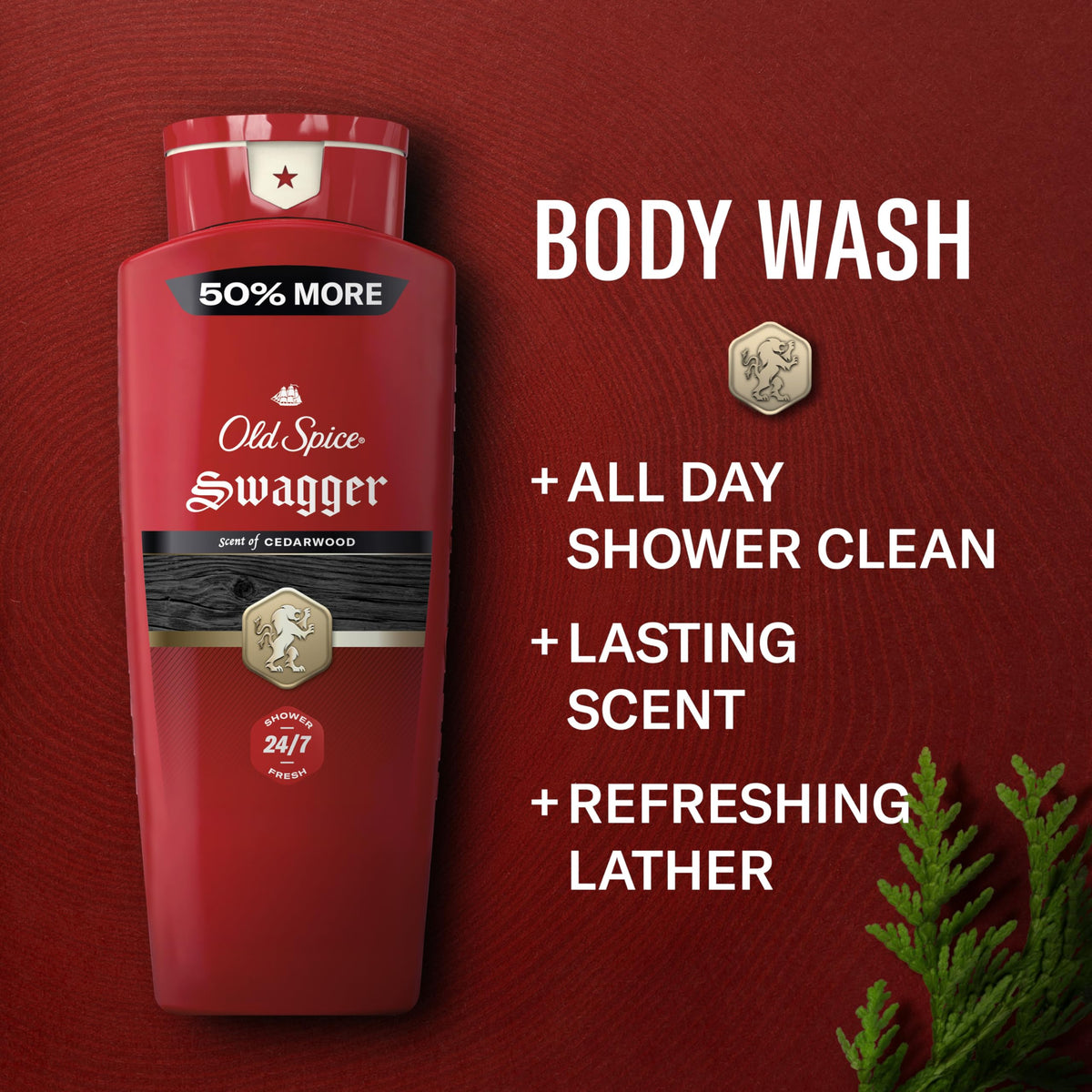 Old Spice Refreshing Body Wash for Men, 3X Defense, 24/7 Shower Fresh with Long Lasting Scent, Red Collection, Swagger with Cedarwood Scent, 24 oz (Pack of 2)