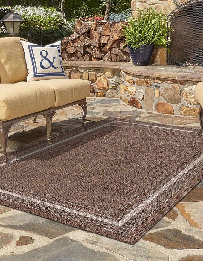 Unique Loom Outdoor Border Collection Area Rug - Soft Border (2' x 3' 1" Rectangle, Brown/ Ivory)