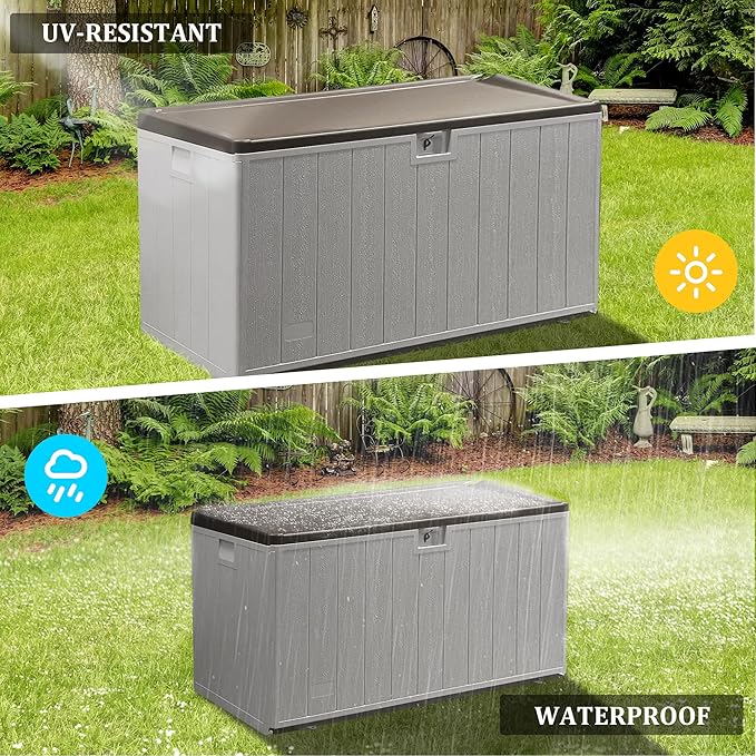 110 Gallon Pro Outdoor Storage Box Waterproof Lockable Deck Box Large, Patio Storage Bin for Pool Accessories Cushion Furniture, Garden Tools, UV-Resistant Outside Delivery, Grayish Brown