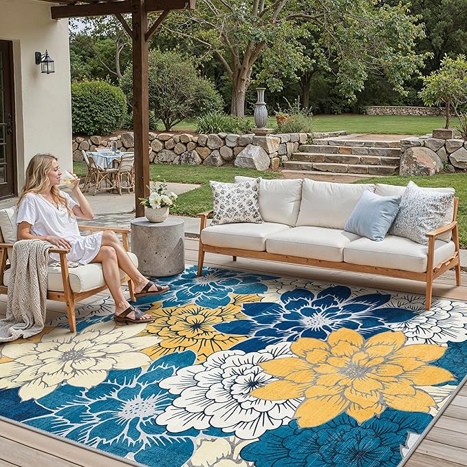 GENIMO Indoor Outdoor Area Rug 8' X 10' Waterproof, Washable Patio Rug Non Shedding, Easy Cleaning Floral Outdoor Carpet for Living Room, Bedroom, Dining Room, Balcony, Backyard, Deck, RV, Blue