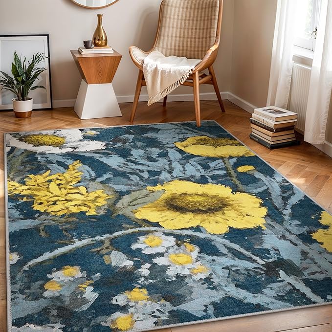 GENIMO Indoor Outdoor Area Rug 6' X 9' Waterproof, Washable Patio Rug Non Shedding, Easy Cleaning Floral Outdoor Carpet for Living Room, Bedroom, Dining Room, Balcony, Backyard, Deck, RV, Blue Yellow