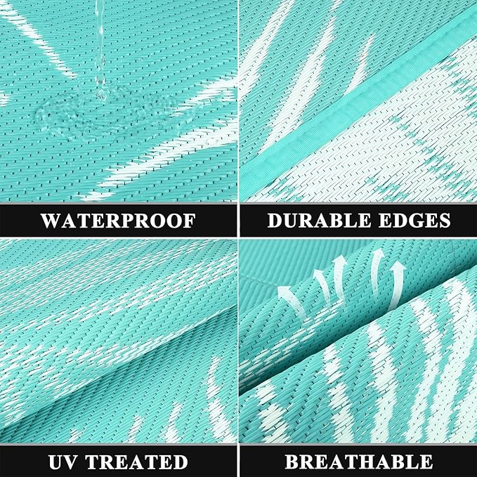 Pauwer Waterproof Outdoor Rug 8x10, Reversible Plastic Straw Patio Camping Rug, Indoor Outdoor RV Mat Carpet for Deck, Camper, Porch, Balcony, Backyard, Picnic, Leaf Light Blue