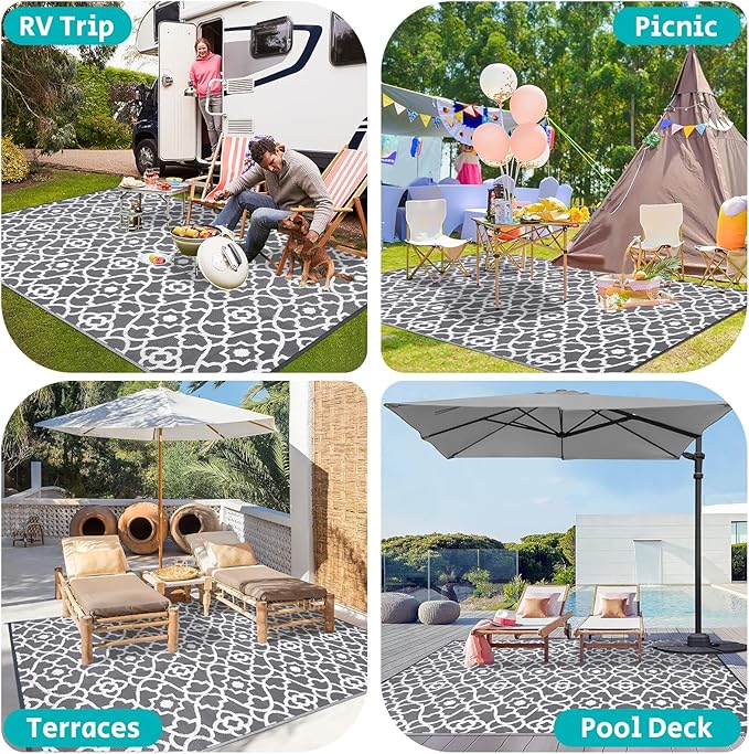 HEBE Outdoor Rug Waterproof 9x12, Plastic Straw Rug Camping Rug, Reversible Outdoor Patio Rugs RV Mat Clearance, Indoor Outside Floor Carpet for Porch,Deck,Camper,Balcony,Backyard
