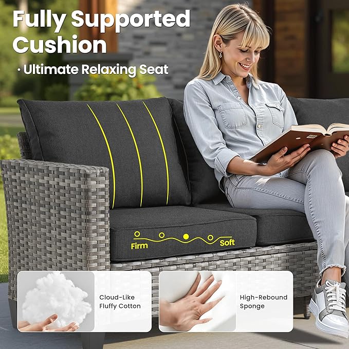 ovios 8 Pieces Patio Furniture Set with 30" Fire Pit Table, Outdoor Wicker Sofa with Comfy Cushions, All Weather High Back Rattan Couch Conversation Set, Black