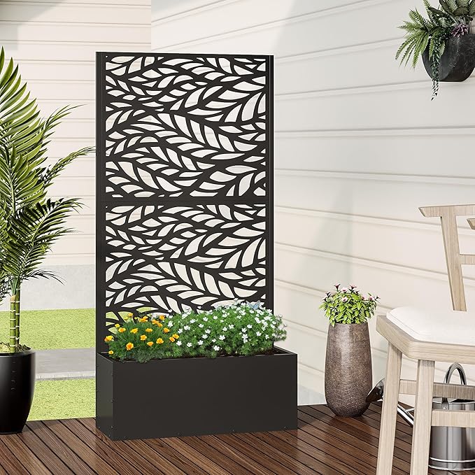 Casaphoria Metal Raised Garden Bed with Trellis, 59"x30"x12" Planter Box for Climbing Plants, Vegetables & Vines, Features Drainage Holes and Privacy Screen (Black-Spring)