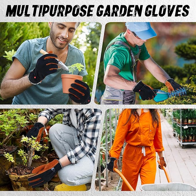 HLDD HANDLANDY Leather Work Gloves for Men & Women, Adjustable Wrist Cowhide Gardening Glove with Reinforced Palm for Driver