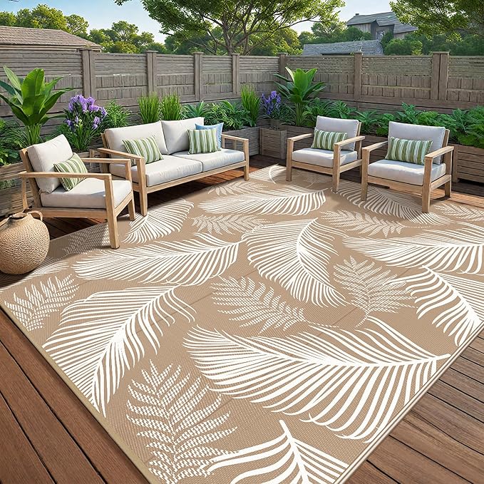 Pauwer Waterproof Outdoor Rug 9x12, Reversible Plastic Straw Patio Camping Rug, Indoor Outdoor RV Mat Carpet for Deck, Camper, Porch, Balcony, Backyard, Picnic, Leaf Brown