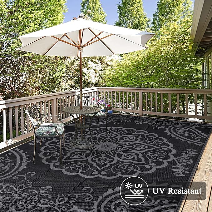Pauwer Waterproof Outdoor Rug 8x10, Reversible Plastic Straw Patio Camping Rug, Indoor Outdoor RV Mat Carpet for Deck, Camper, Porch, Balcony, Backyard, Picnic, Boho Black Grey