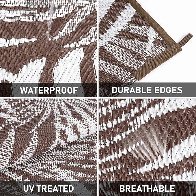 HiiARug Outdoor Rugs 9'x12' for Patios Clearance Brown Reversible Outdoor Rug, Outdoor Plastic Straw Rug RV Camping Rug Large Outdoor Mat for RV, Patio, Backyard, Deck, Picnic, Beach, Trailer, Camping