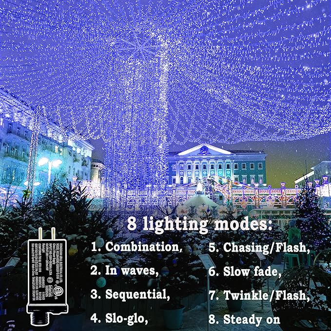 KNONEW 197FT 500 LED Christmas Lights Outdoor String Lights 8 Modes & Memory Fairy Light Plug in Waterproof LED String Lights for Xmas Yard Tree Wedding Party Holiday Decorations (Blue)