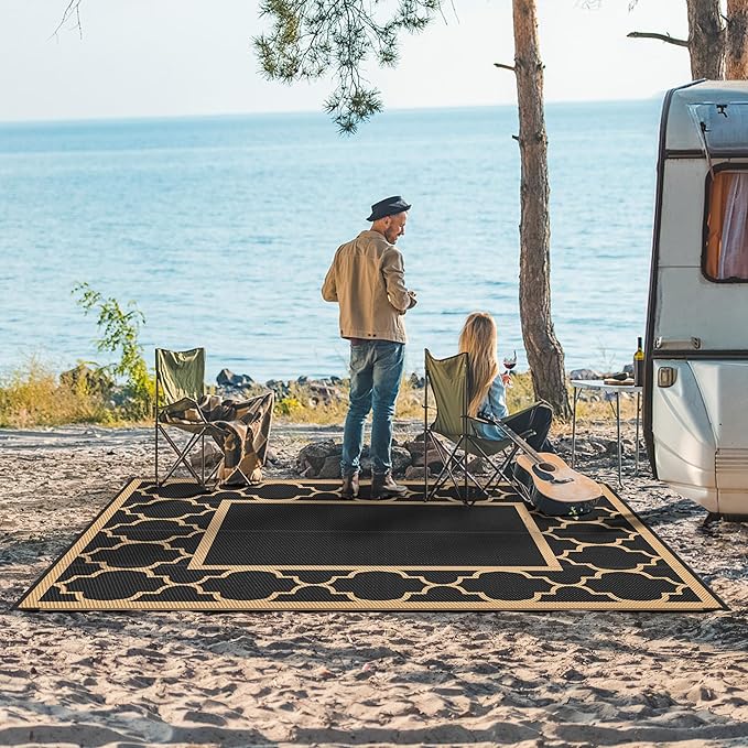 GENIMO Outdoor Rug 9' x 12' Patio Waterproof, Foldable Reversible Plastic Straw Area Rugs Mat for Camper Decor, Outside Carpet for Rv, Deck, Porch, Picnic, Beach, Balcony, Black & Brown