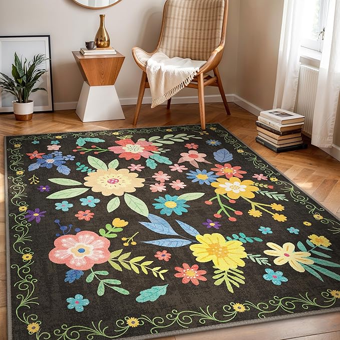 GENIMO Indoor Outdoor Area Rug 5' X 7' Waterproof, Washable Patio Rug Non Shedding, Easy Cleaning Floral Outdoor Carpet for Living Room, Bedroom, Dining Room, Balcony, Backyard, Deck, RV, Black