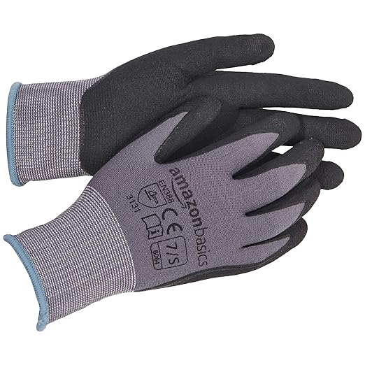Amazon Basics Micro-Foam Nitrile Coated Work Gloves, Nylon Liner Fiber, Touch Screen, Grey, Size 7/S, 12-Pair