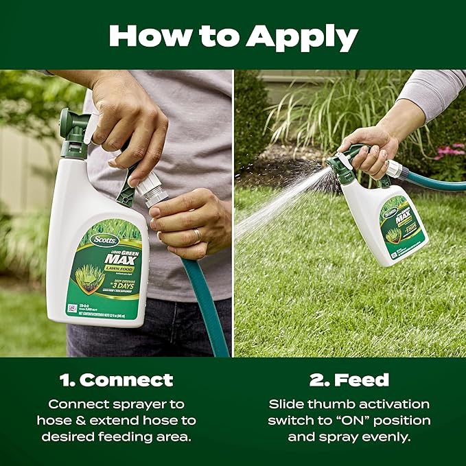 Scotts Liquid Green Max Lawn Food: 2,000 sq. ft., 2-in-1 Fertilizer and Iron Supplement, Use on Any Grass Type, 32 oz.