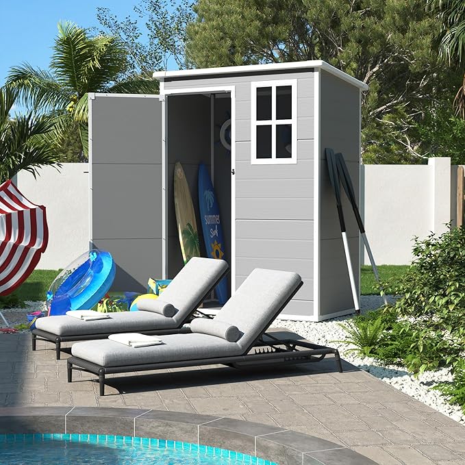 UDPATIO Outdoor Storage Shed 5x3 FT, Plastic Garden Shed for Bike, Garbage Can, Tool, Outside Sheds & Outdoor Resin Shed with Lockable Door for Backyard, Patio, Lawn, Grey & White