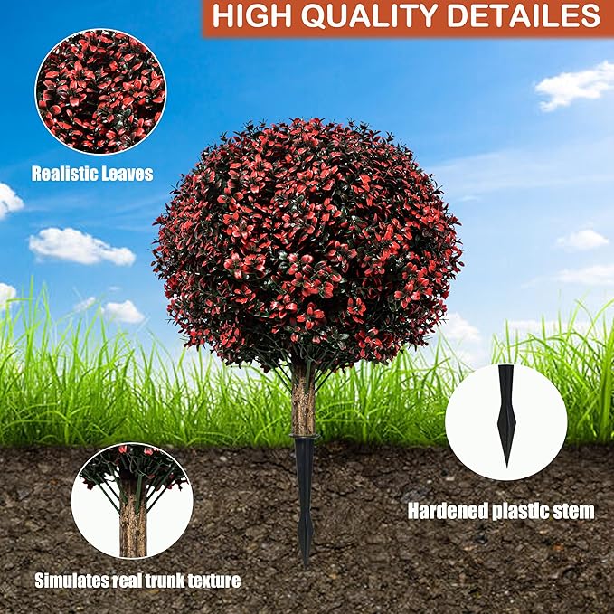 Fall Artificial Topiary Ball Boxwood Tree Outdoor with Spike,Set of 2 Large Faux Shrubs Bushes for Outdoor Planter,UV Resistant Autumn Fake Boxwood Plants for Potted Porch Indoor 24"