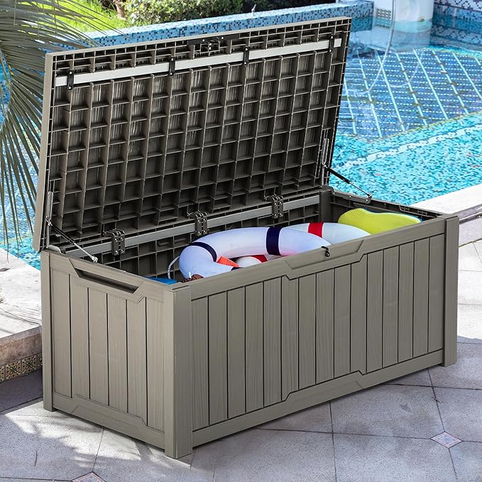 YITAHOME 120 Gallon Outdoor Storage Deck Box, Large Resin Patio Storage for Outdoor Pillows, Garden Tools and Pool Supplies, Waterproof, Lockable (Light Brown)