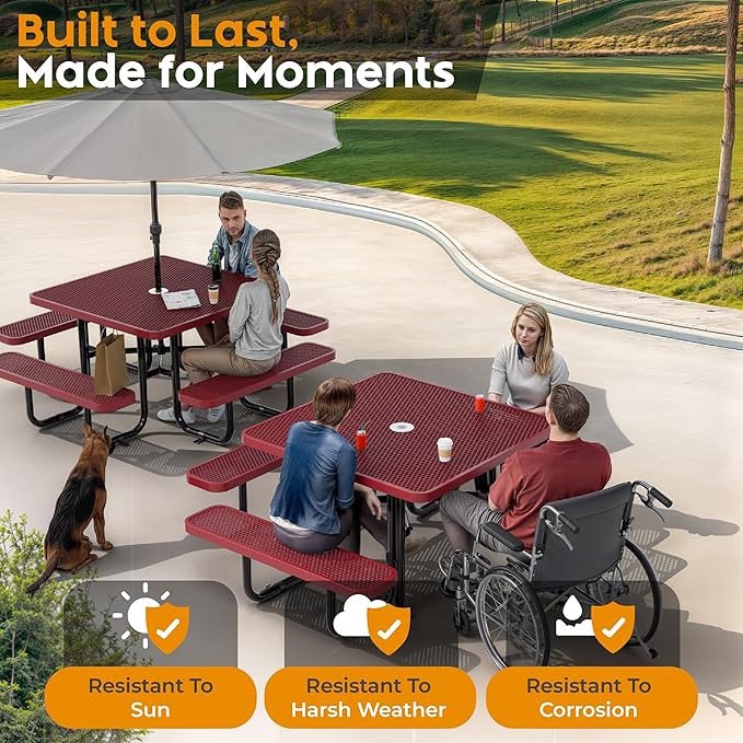 Metal Picnic Tables for Outdoors with Umbrella Hole - Coated Steel Heavy Duty Commercial Grade Table with Adjustable Seats (Red, 46 in, Square, Expanded Steel)