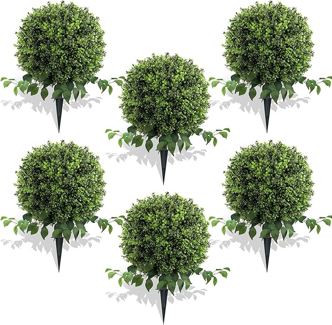 28" Artificial Boxwood Ball Bush, UV Resistant Topiary Tree Faux Boxwood Ball Shaped Porch Bushes with Ground Spike Artificial Bushes for Outdoors Front Door Decor Home Garden (6, Green)