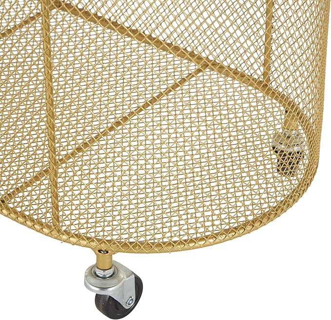 Deco 79 Metal Storage Cart Oval Mesh Wire Rolling Laundry with Ring Handles, 21" x 12" x 21", Gold
