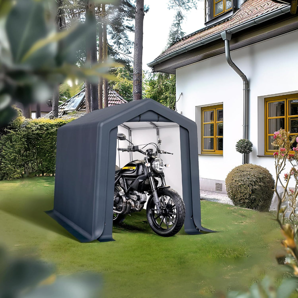 PHI VILLA 6'x10'x7' Outdoor Portable Storage Shelter Shed Garage with 2 Roll up Zipper Doors & Vents Carport for Motorcycle Bike Waterproof and UV Resistant Anti-Snow Portable Garage Kit Tent, Gray