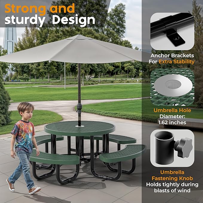 Metal Picnic Tables for Kids for Outdoors with Umbrella Hole - Coated Steel Heavy Duty Commercial Grade Table with Adjustable Seats (Green, 38 in, Kids, Expanded Steel)