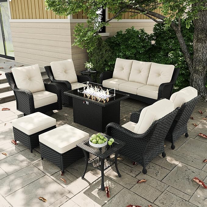 10 Pieces Outdoor Patio Furniture Sets with Rocking Swivel Chairs with 6-inch Thick Cushion and Fire Pit Table for Deck Lawn