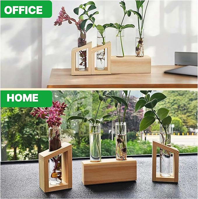 Plant Propagation Station - 3-Piece Wooden Stand with 4 Glass Test Tubes, Terrarium Vases for Plants, Hydroponic Propagation Planter for Home office Decor, Plant Lover Gift.