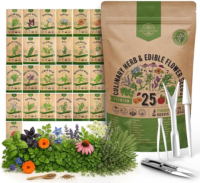 25 Culinary Herbs & Edible Flower Seed Variety Pack for Planting Indoor & Outdoors. 11900+ Non-GMO Heirloom Flower Seeds: Basil, Borage, Echinacea, Lavender, Oregano, Rosemary Seeds & More