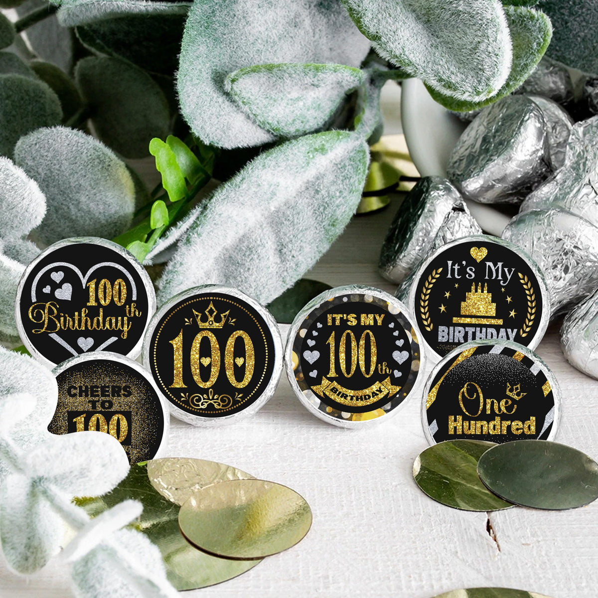 100 Years Old Round Candy Sticker - 100th Birthday Party Decor-Black Gold - Round Candy Sticker Party Favors - Labels Fit Chocolate Candy.5 Sheet