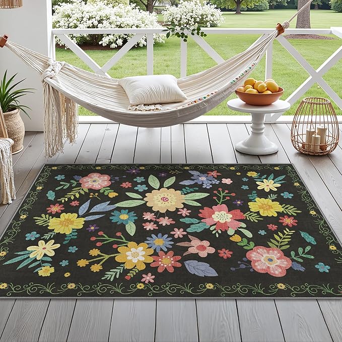 GENIMO Indoor Outdoor Area Rug 4' X 6' Waterproof, Washable Patio Rug Non Shedding, Easy Cleaning Floral Outdoor Carpet for Living Room, Bedroom, Dining Room, Balcony, Backyard, Deck, RV, Black