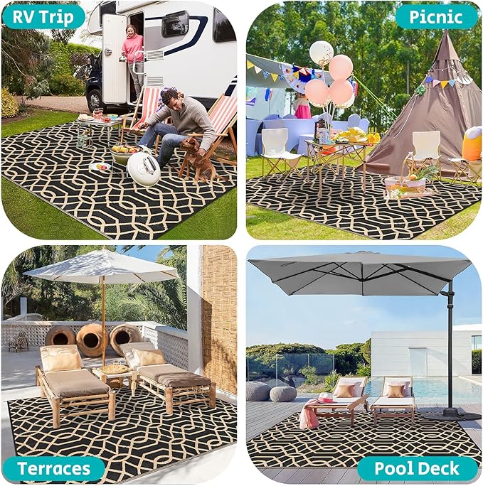 HEBE Outdoor Rug Waterproof 8x10, Reversible Plastic Straw Rug RV Camping Rug, Indoor Outdoor Patio Mat Clearance, Outside Carpet for Porch,Deck,Camper,Balcony,Backyard,Picnic
