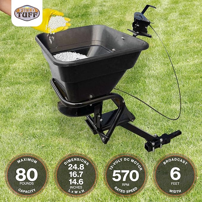 Field Tuff 12V 80 Pound Capacity Grass Seed Fertilizer Spreader with Hitch Mount Receiver and Rain Protector for ATV, UTV, or Utility Tractor