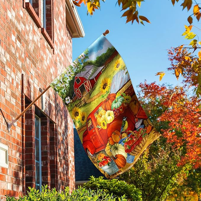 Morigins Autumn Harvest Farm Truck Fall Pumpkin Garden Decorations Double Sided Farmhouse Outdoor House Flag 28 x 40 Inch