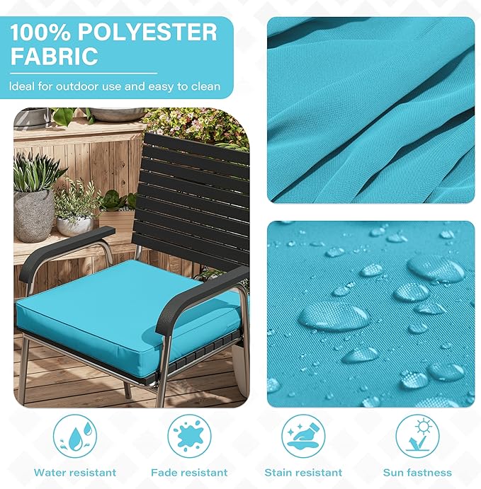 Patio Chair Cushions 17 X 16 X 3 Inch Waterproof Outdoor Seat Cushions for Patio Furniture, Outdoor Sofa Couch Pads with Ties & Handle, Set of 2, Lake Blue