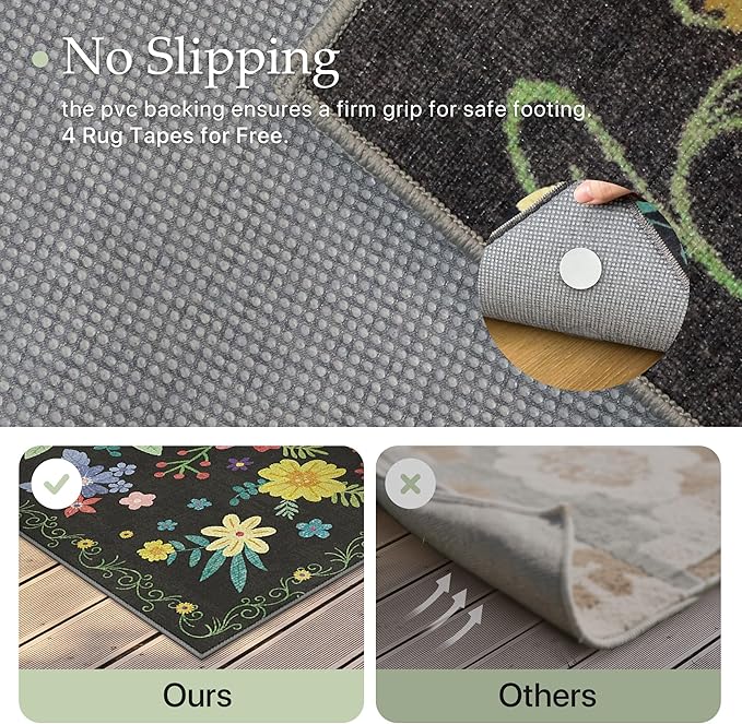 GENIMO Indoor Outdoor Area Rug 2' X 10' Waterproof, Washable Runner Rug Non Shedding, Easy Cleaning Floral Outdoor Carpet for Patio, Living Room, Bedroom, Entryway, Porch, Dining Room, Black