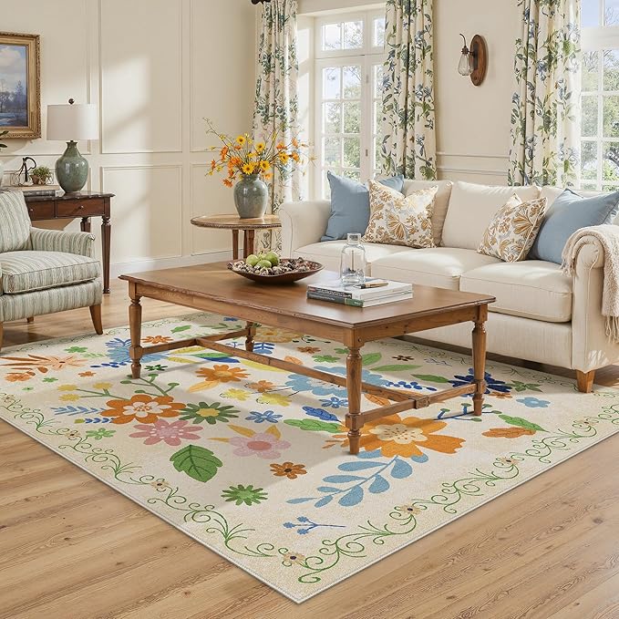 GENIMO Indoor Outdoor Area Rug 8' X 10' Waterproof, Washable Door Mat Non Shedding, Easy Cleaning Floral Outdoor Carpet for Patio, Entryway, Porch, Bathroom, Living Room, Bedroom, Backyard