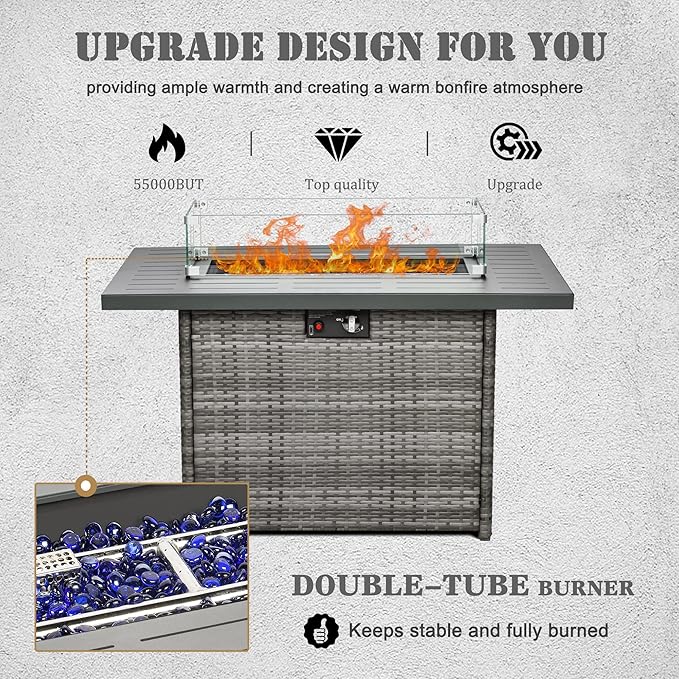 Propane Fire Pit Table,44 Inch 55000 BTU Outdoor Gas Fire Pit Rectangular with Glass Wind Guard for Outside Patio Deck (Gray-Aluminum Top)