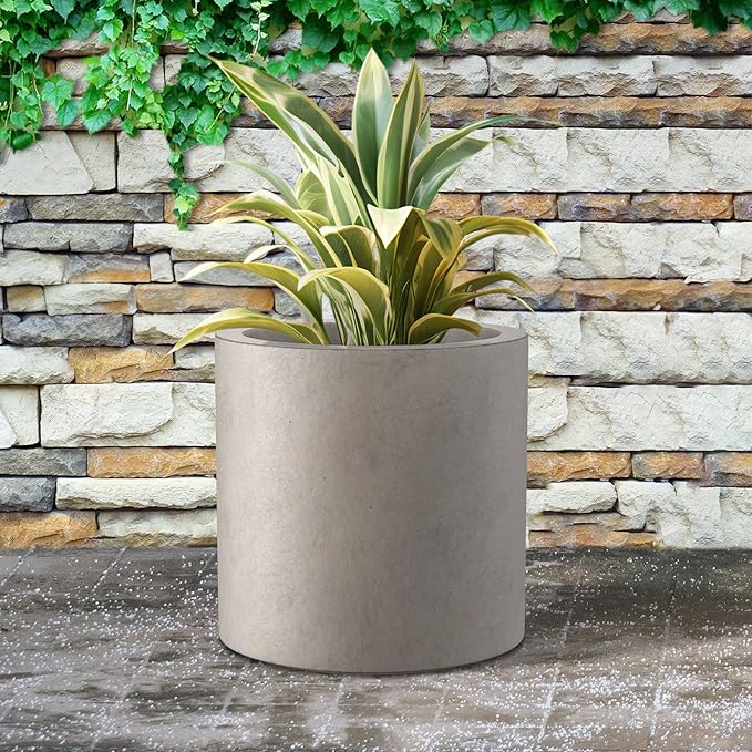 Kante 15.7" Dia Round Concrete Planter, Modern Style Large Cylindrical Plant Pot with Drainage Hole and Rubber Plug for Indoor Outdoor Patio, Weathered Concrete
